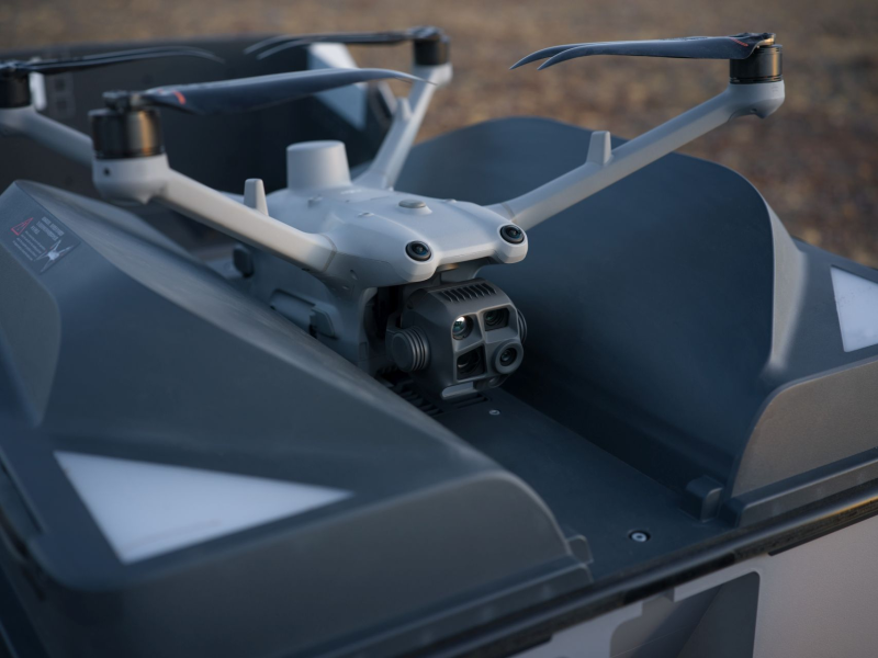 DJI Matrice 4D inside a DJI Dock 3 on a landscape